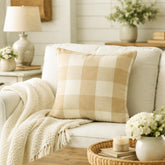 Beige Plaid - Beige Cotton Decorative Euro Sham