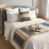 Linen Beige & Black Decorative Bed Runner and Cushion Cover - Moroccan Vibe