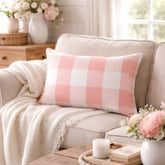 Peach Pink Plaid Play - Pink Cotton Lumbar Cushion Cover