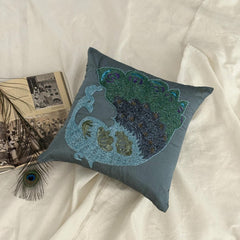 Dancing Peacock - Blue Art Silk Throw Pillow Cover