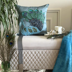 Dancing Peacock - Blue Art Silk Throw Pillow Cover