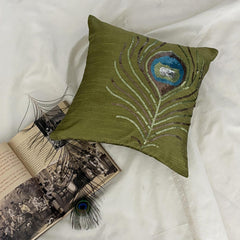 Green Peacock Feather - Green Art Silk Decorative Euro Sham