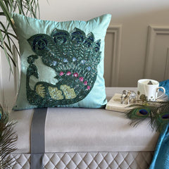 Peacock Glam - Blue Art Silk Decorative Euro Sham