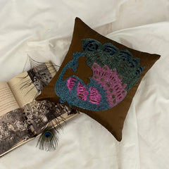Blue Peacock - Brown Art Silk Throw Pillow Cover