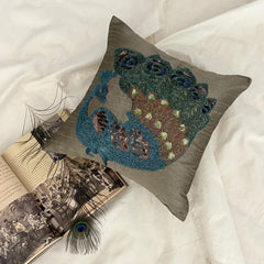 Taupe Green Peacock - Taupe Green Art Silk Decorative Euro Sham