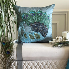 Dancing Peacock - Blue Art Silk Throw Pillow Cover