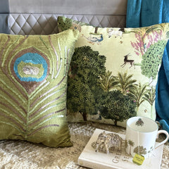Mor Nritya - Green Cotton Throw Cushion Cover