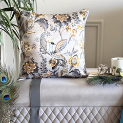 Peacock Beau - Grey & Yellow Satin Throw Cushion Cover