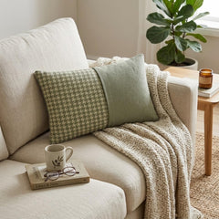 Green Linen Throw Cushion Cover - Sage Houndstooth