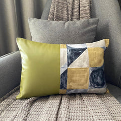 Joyful Jumble C - Chartreuse Green Cotton & Faux Leather Lumbar Pillow Cover