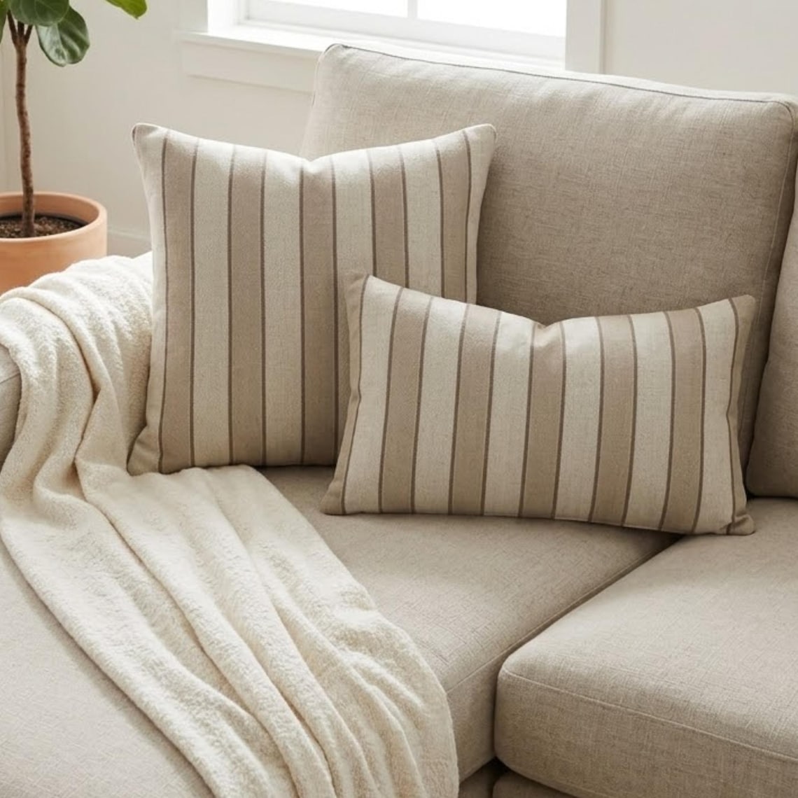 Beige Terra Stripe Lumbar Cushion Cover