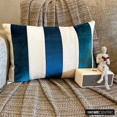 Swathe Teal - Blue Velvet & Linen Lumbar Pillow Cover