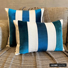 Swathe Teal - Blue Velvet & Linen Lumbar Pillow Cover
