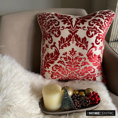 Cayenne Red Damask - Cayenne Red Burnout Velvet Throw Pillow Cover