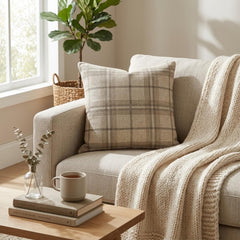 Beige Linen Lumbar Cushion Cover - Terra Plaid Lumbar