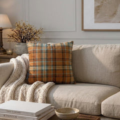 Plaidscape Orange - Orange Velvet Winter Plaid Throw Cushion Cover