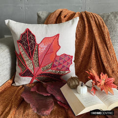 Changing Maple - Red & Beige Linen Throw Pillow Cover