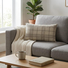 Beige Linen Lumbar Cushion Cover - Terra Plaid Lumbar