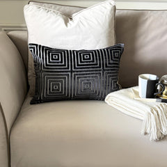 Charcoal Gray Velvet Lumbar Cushion Cover - Obsidian Grid Lumbar
