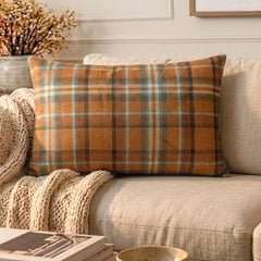 Plaidflow Orange - Orange Velvet Winter Plaid Lumbar Cushion Cover