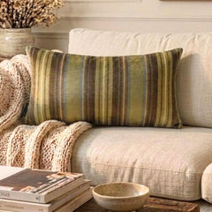Linear Stripe Olive - Green Velvet Striped Oblong Lumbar Cushion Cover