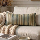Linear Stripe Beige - Beige Velvet Striped Oblong Lumbar Cushion Cover