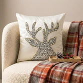 Sequined Antlers - White & Silver Silk Decorative Throw Cushion Cover