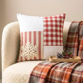 Snowflake Check - Red Cotton Christmas Snowflake Throw Cushion Cover