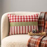 Red Merry Grid - Red Cotton Decorative Lumbar Cushion Cover