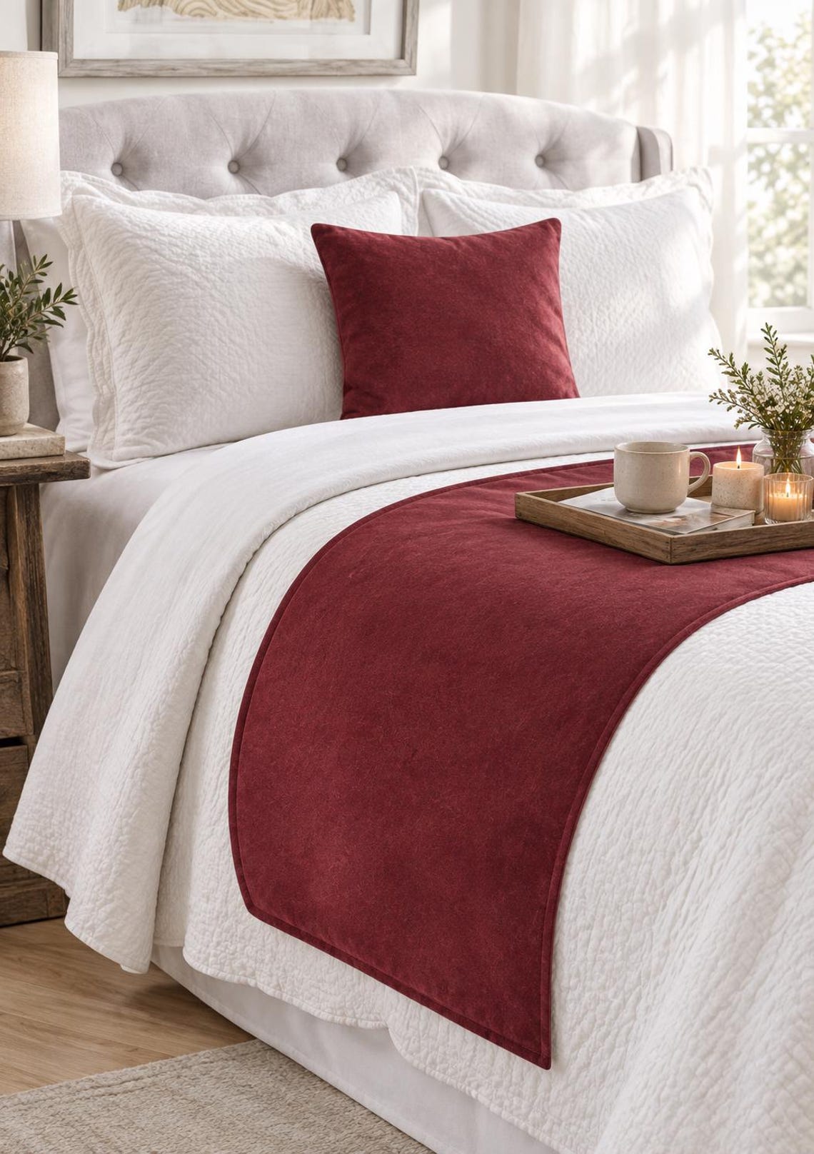 Cranberry Velvet Decorative Bed Runner and Cushion Cover
