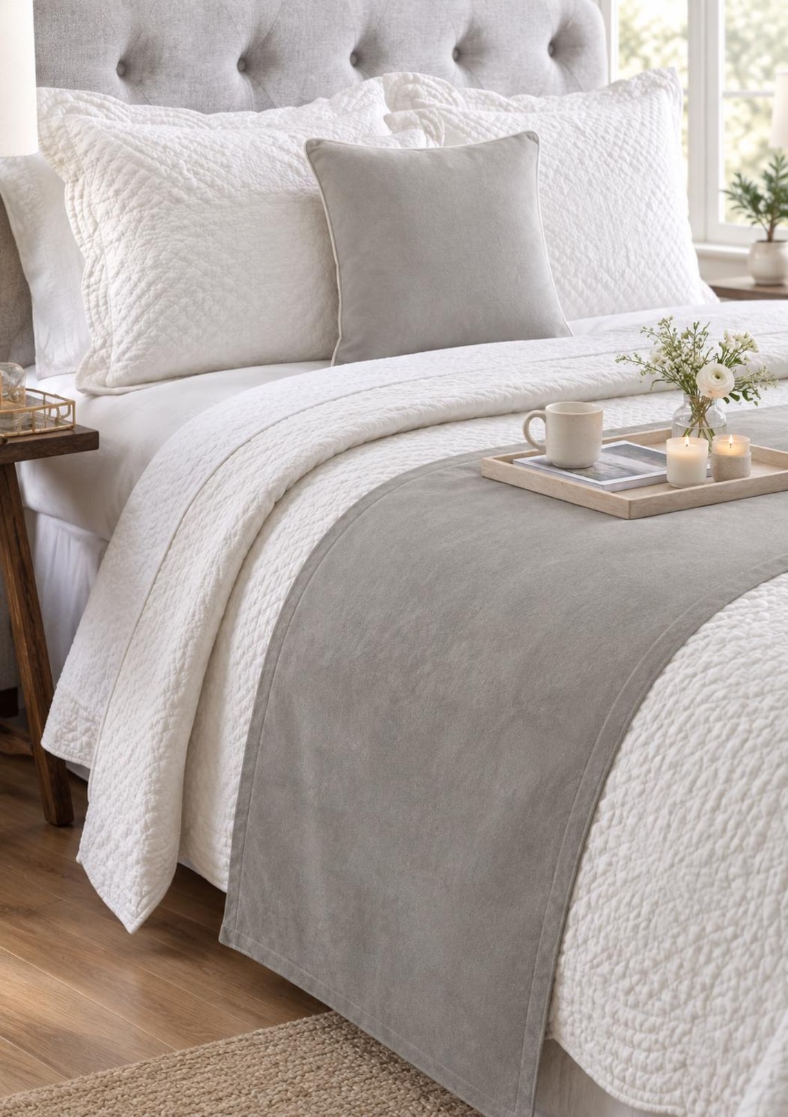 Dove Gray Velvet Decorative Bed Runner and Cushion Cover