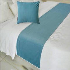Velvet Blue Decorative Bed Runner and Cushion Cover - Blue Velvet