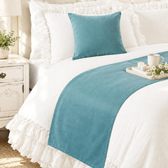 Velvet Blue Decorative Bed Runner and Cushion Cover - Blue Velvet
