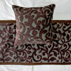 Velvet Brown Decorative Bed Runner and Cushion Cover - Regalia Vine