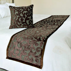 Velvet Brown Decorative Bed Runner and Cushion Cover - Regalia Vine