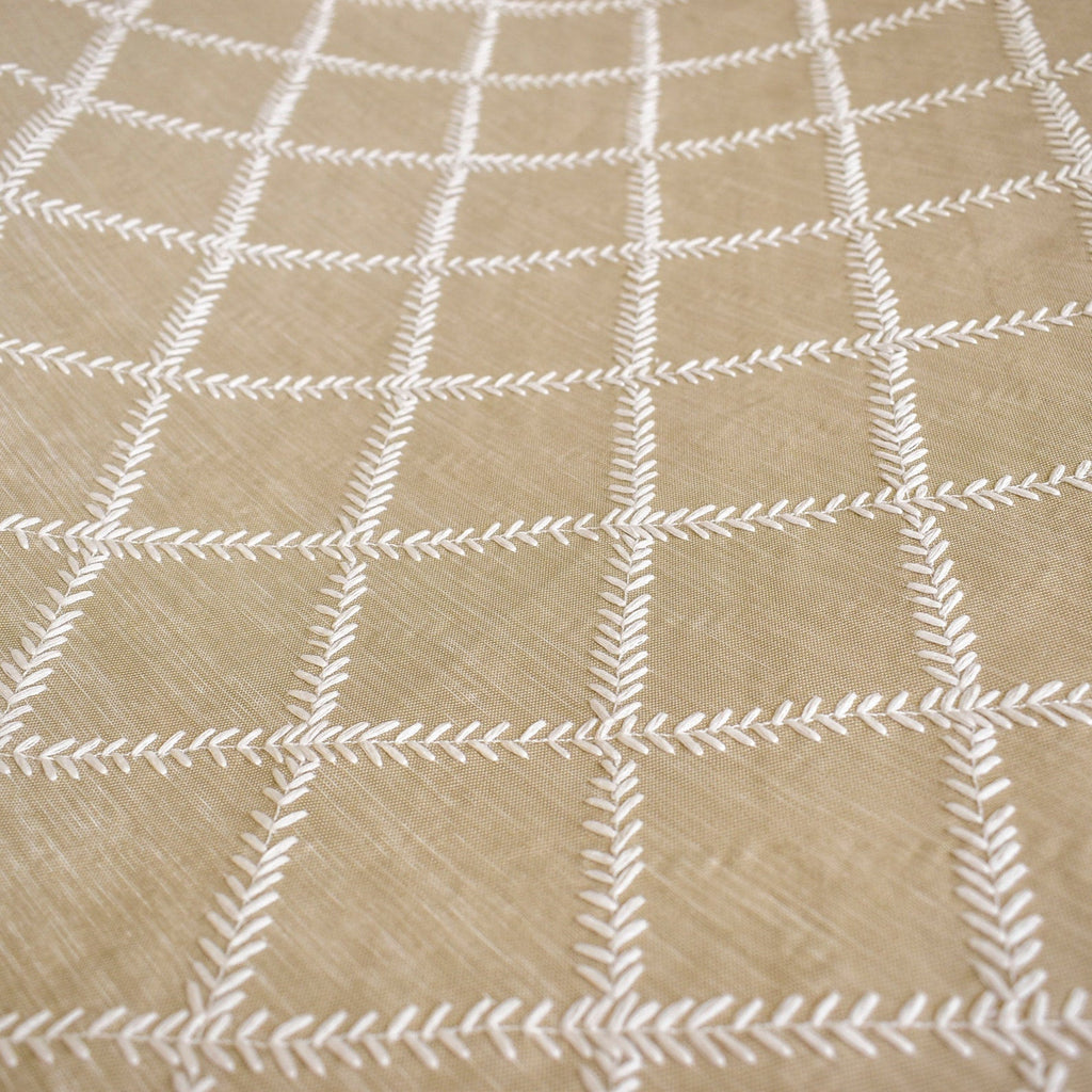 Beige Leafy Diamond Geometric Fabric By The Metre, Chain Stitch Embroidery