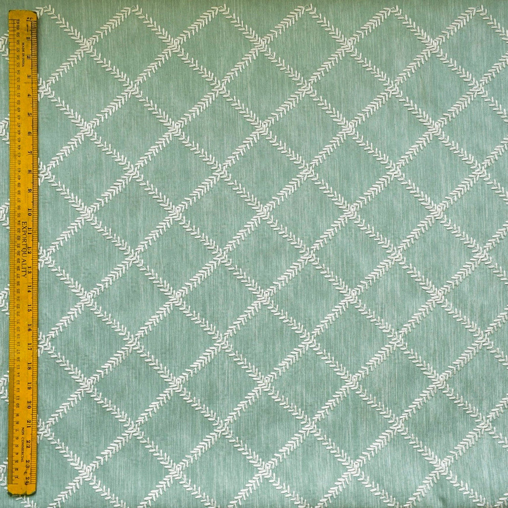 Duck Egg Leafy Diamond Geometric Fabric By The Metre, Chain Stitch Embroidery