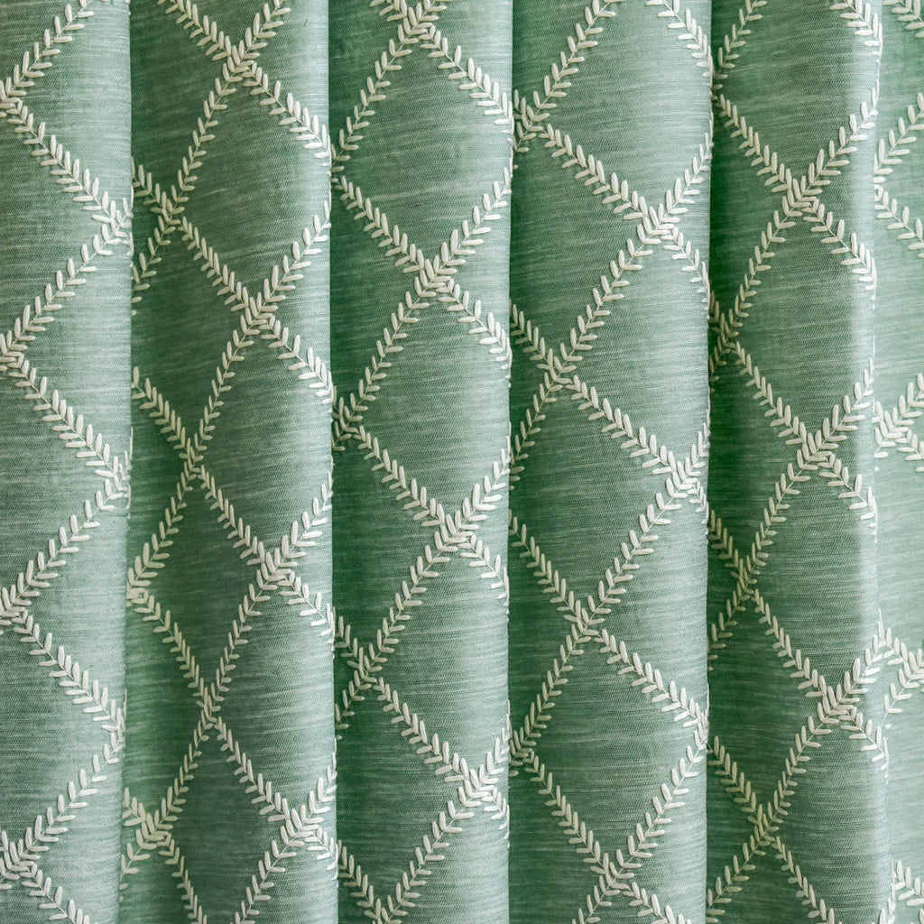 Duck Egg Leafy Diamond Geometric Fabric By The Metre, Chain Stitch Embroidery