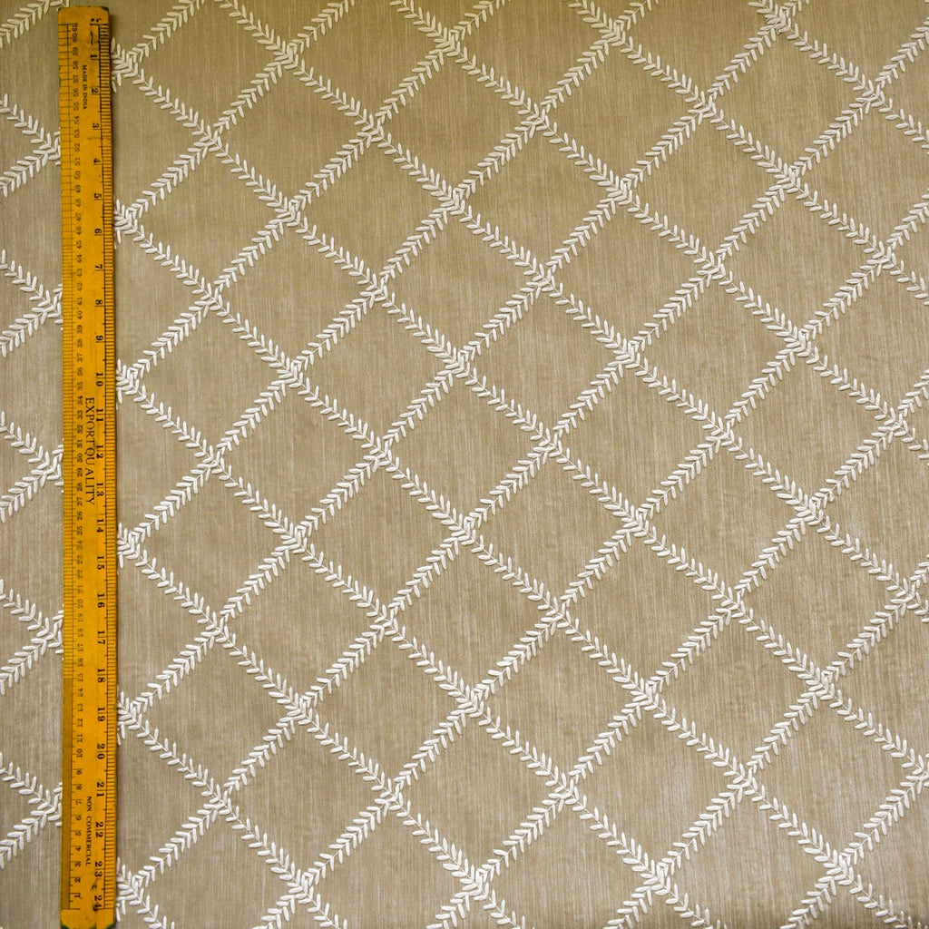 Beige Leafy Diamond Geometric Fabric By The Metre, Chain Stitch Embroidery
