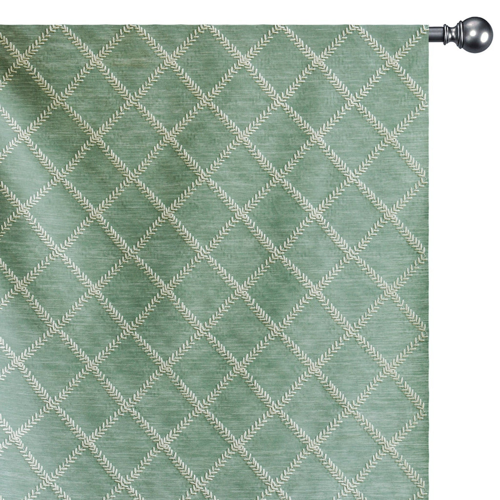 Duck Egg Leafy Diamond Geometric Fabric By The Metre, Chain Stitch Embroidery