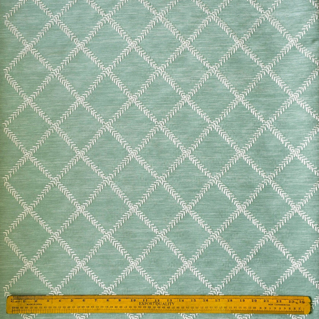 Duck Egg Leafy Diamond Geometric Fabric By The Metre, Chain Stitch Embroidery