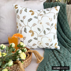 Amber Bloom - White Cotton Throw Cushion Cover