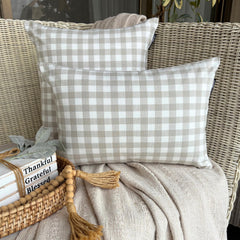 Beige Cotton Lumbar Cushion Cover - Grid Loom Beige