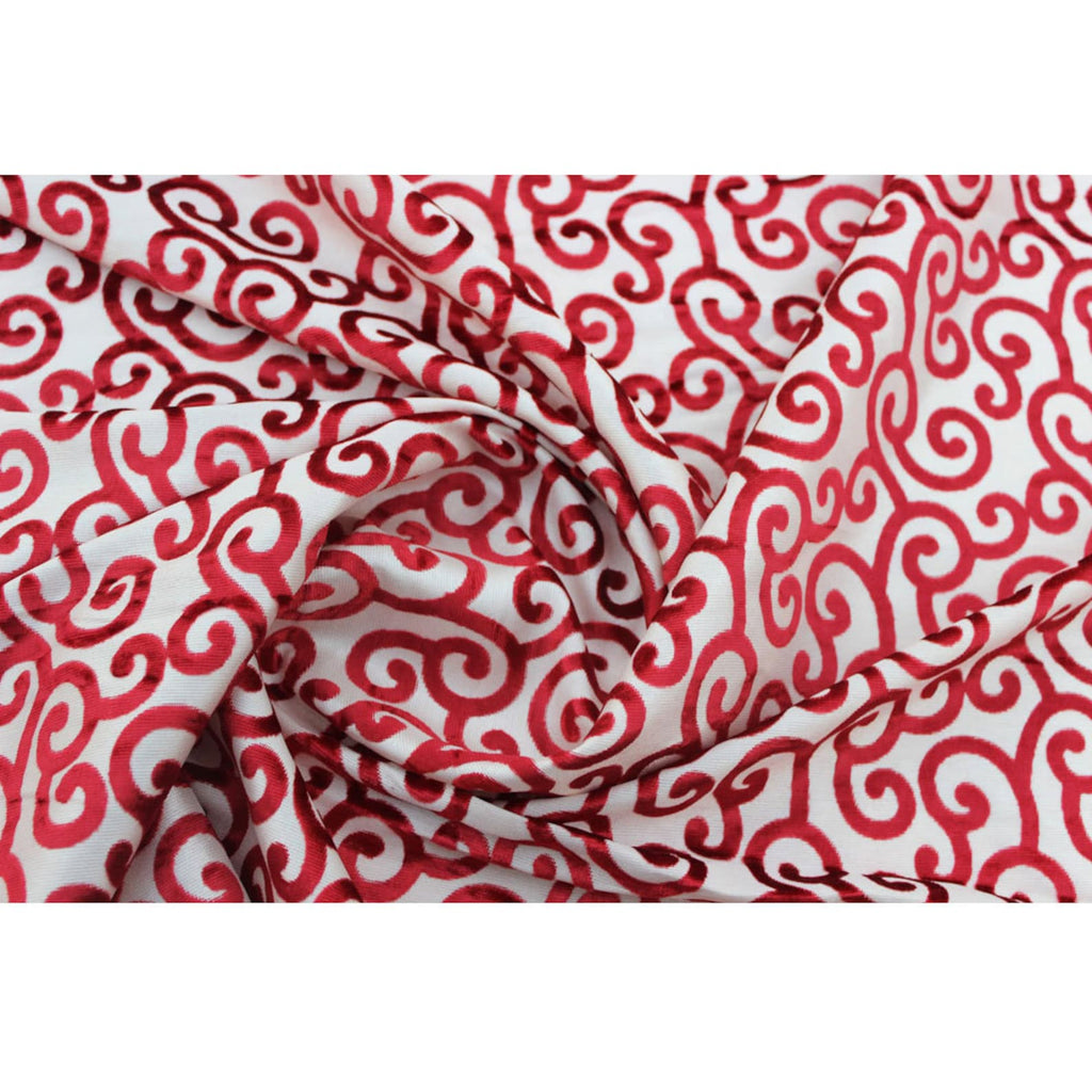 Cayenne Red Scrolls Printed Velvet Fabric By the Metre