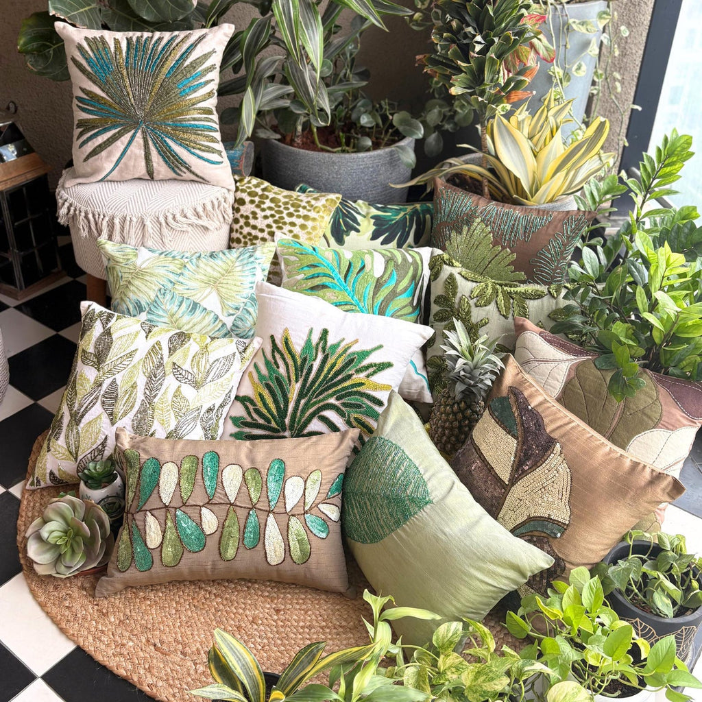 Tropical Girl - Green Cotton Throw Pillow Cover