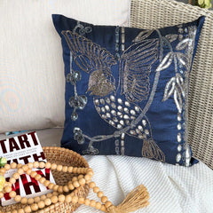 Birdy Flight - Navy Blue Art Silk Throw Pillow Cover