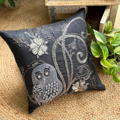 Night Owls - Black Art Silk Decorative Throw Cushion Cover