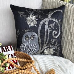 Night Owls - Black Art Silk Decorative Throw Cushion Cover