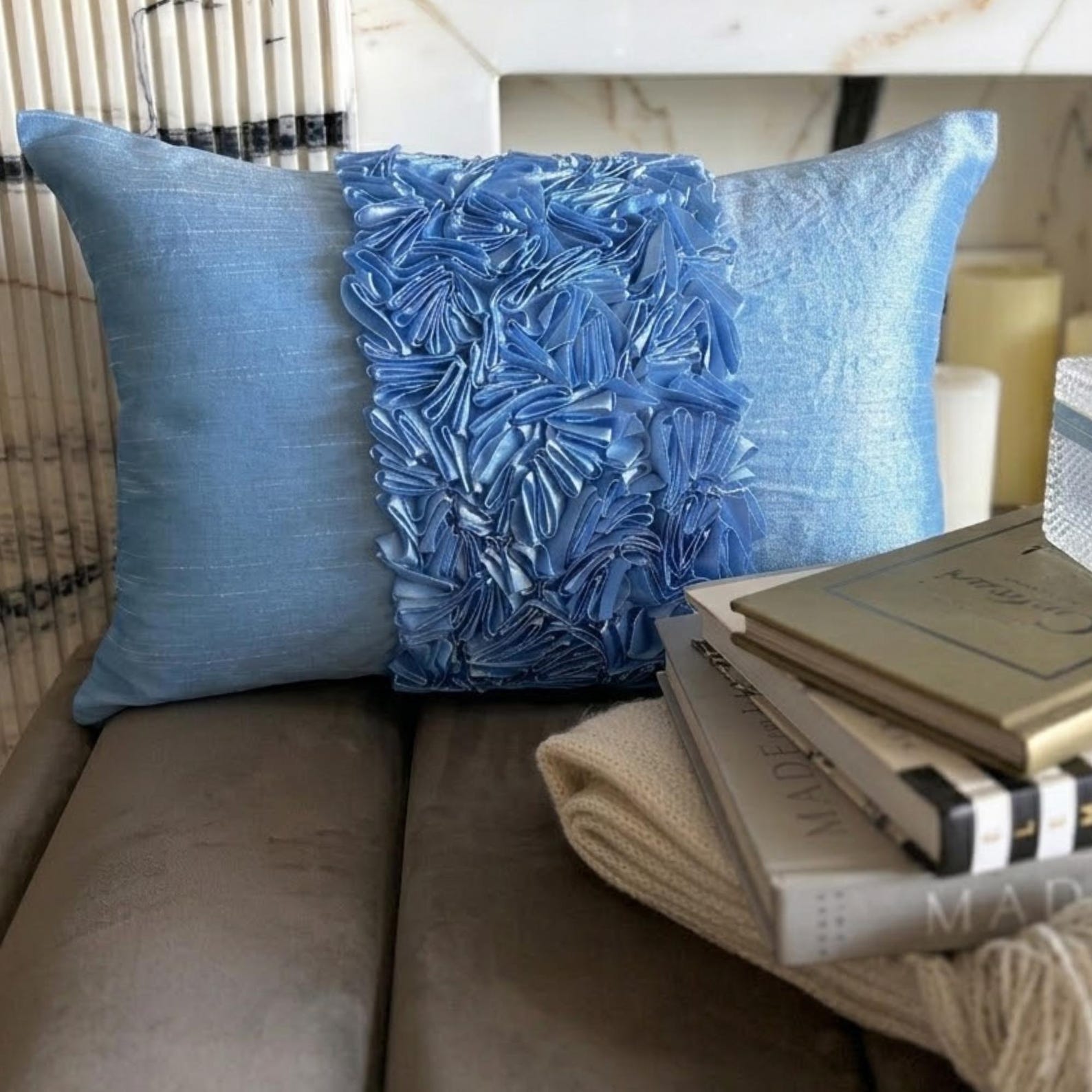 Sky Blue Silk Decorative Lumbar Pillow Cover, Sky Blue Love