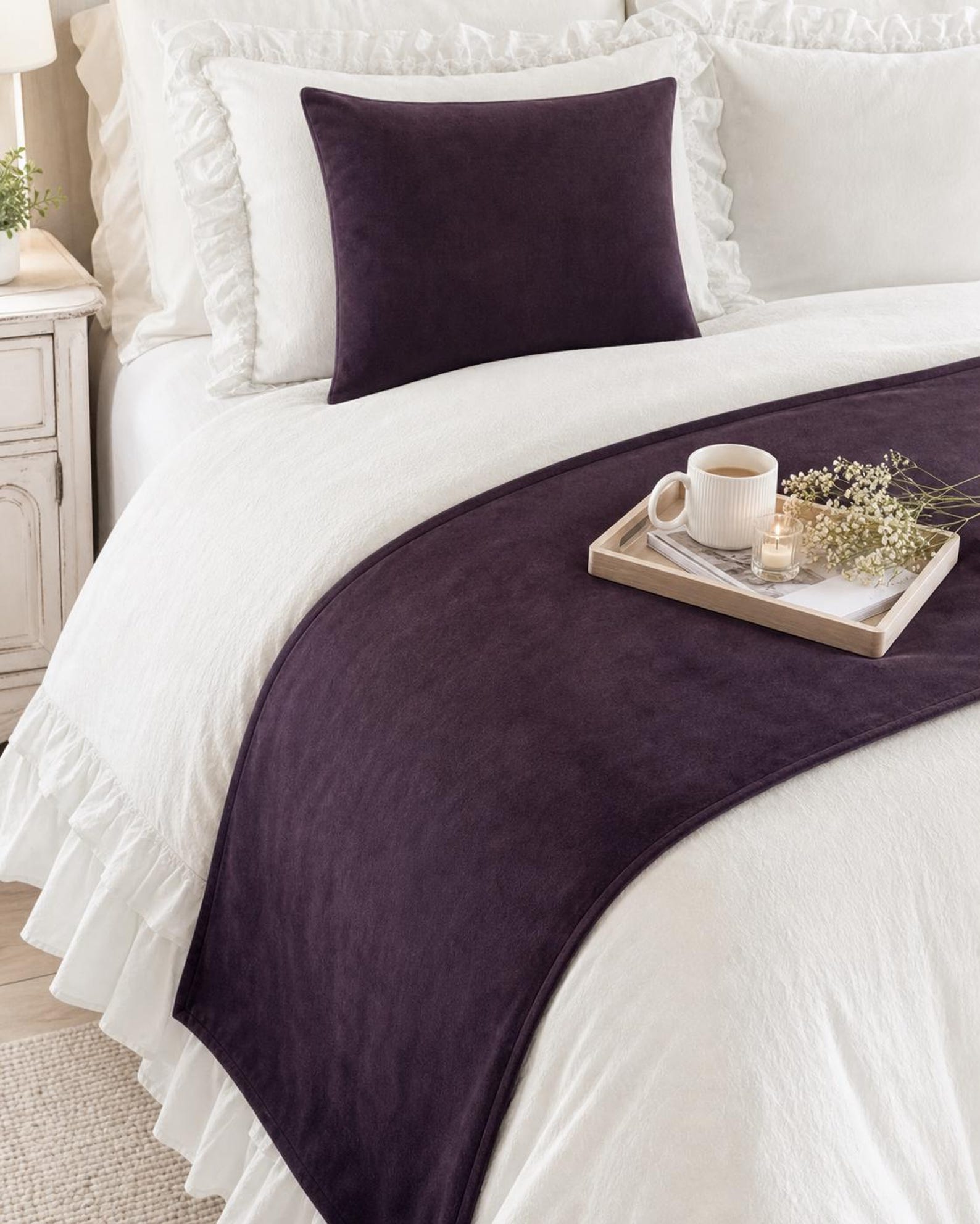 Plum Velvet Decorative Bed Runner and Cushion Cover